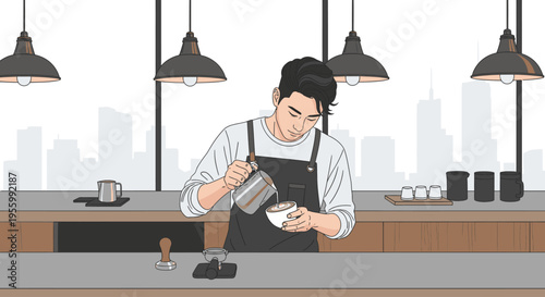 Illustration of a barista pouring steamed milk into a cup in a modern coffee shop with cityscape background.