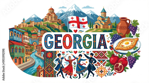 Vibrant Georgia Cultural Elements Vector Illustration with Tbilisi, Monasteries, and Local Cuisine