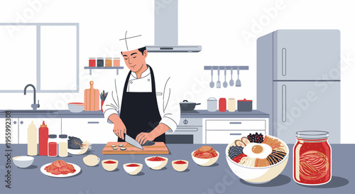 A chef in a white kitchen preparing food with various ingredients on the counter including sauce and meat.