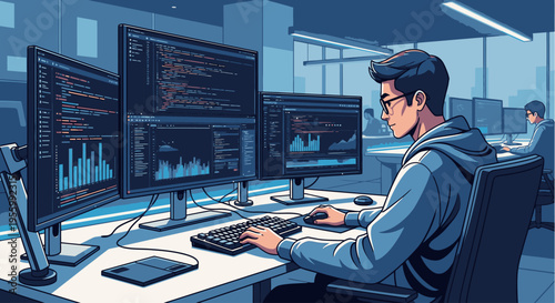 Illustration of a young man working on computer with multiple screens displaying data in a modern office setting with blue tones.