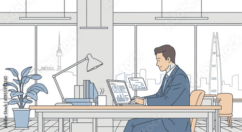 A professional businessman working on a laptop at a desk in a modern office with city views and a plant.