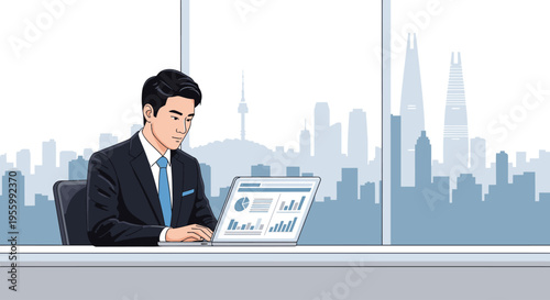A businessman in a suit works on a laptop at a desk with a city skyline view in the background, conveying a professional and productive atmosphere.