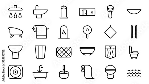 Forty-five distinct white line icons representing various bathroom elements are displayed in a professional grid layout on a black background.
