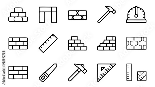 A set of forty-five building material icons uses fine white lines to represent construction components and hardware in a balanced grid.