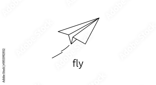 Minimalist paper airplane flying with a dashed trail on a white background, symbolizing travel and freedom.