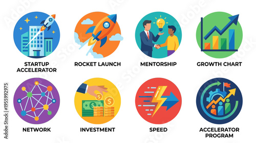 Startup accelerator program icons showcase vector graphics for business and technology
