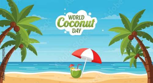 Vector illustration of beach scene with palm trees and coconut drink for World Coconut Day