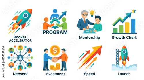 Business vector illustration with rocket launch program mentorship network investment speed growth chart.