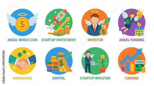 Vector illustrations of business funding icons show startup investment, investor, and capital growth.