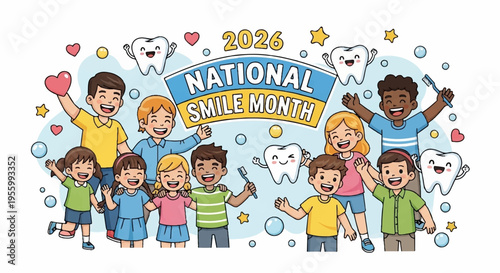 Vector illustration of kids celebrating 2026 National Smile Month