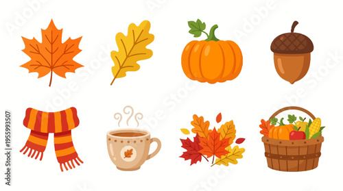 A colorful autumn scene featuring a basket of fruits, a pumpkin, and a steaming cup of coffee surrounded by vibrant leaves, a scarf, and a vector illustration of acorns on a crisp day.