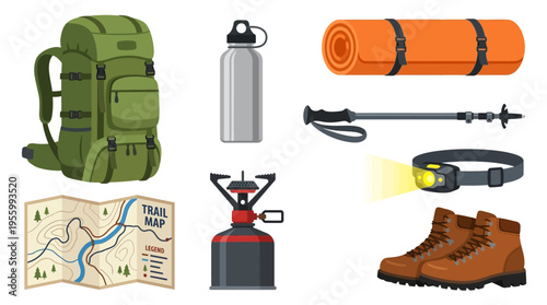 Hikers prepare for a nighttime vector adventure with essential gear in a vector illustration including a backpack and map.