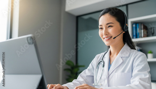 オンライン診療で笑顔で話す女性医師