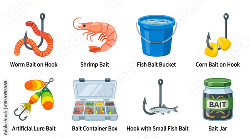 Vector graphic illustration of various fishing baits and tackle displayed on a table indoors.
