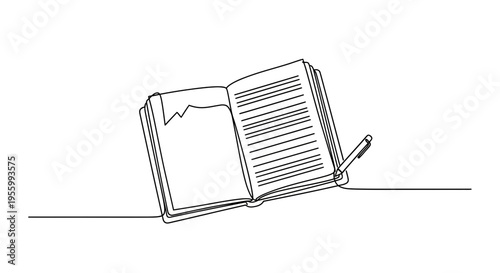 Minimalist line art of an open book with a pen, symbolizing education, creativity, and writing.