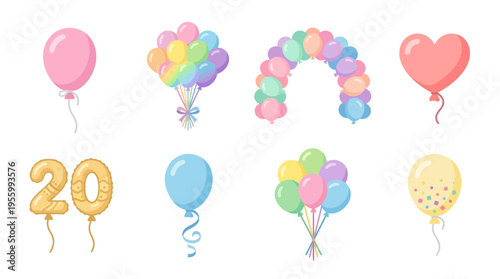 A colorful vector illustration of balloons and numbers celebrating a 20th birthday party with festive decorations.