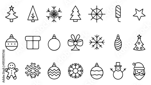 A collection of forty-five white outline icons illustrating festive ornaments and holiday wreaths organized in a structured layout on a solid black canvas.