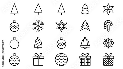 Forty-five white outline icons of holiday gift boxes and decorative ribbons displayed in an orderly grid over a plain black background.
