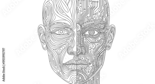 Cybernetic Human Face Closeup Illustration.