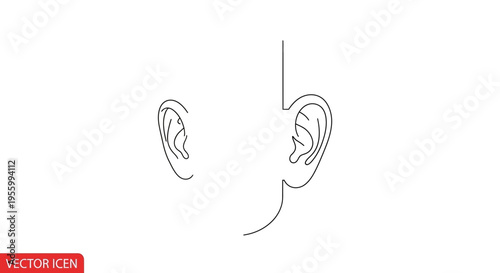 Minimalist Line Art Drawing of Human Ears, Frontal View, Isolated on White Background