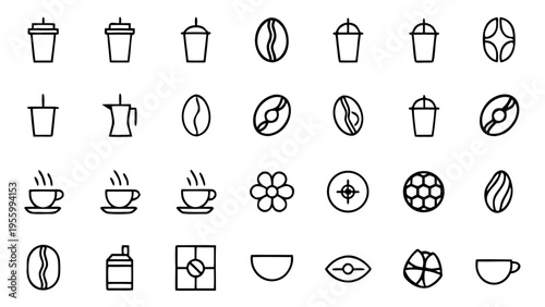 Forty five white outline coffee and tea icons rest on black background.