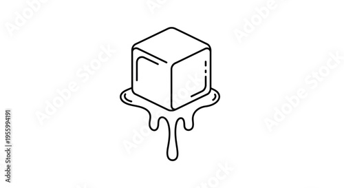 Melting Ice Cube Icon, Simple Line Art, Abstract Concept of Heat or Thawing