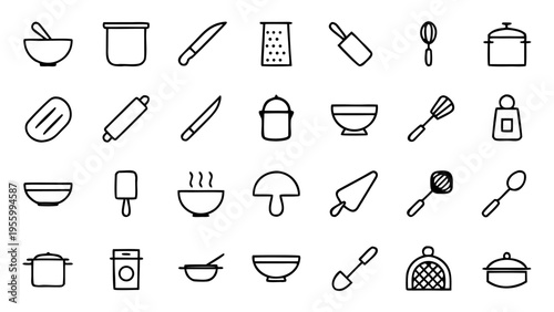 A grid of forty-five white minimalist line art icons representing various modern kitchen appliances and electronic gadgets is shown on a black background.