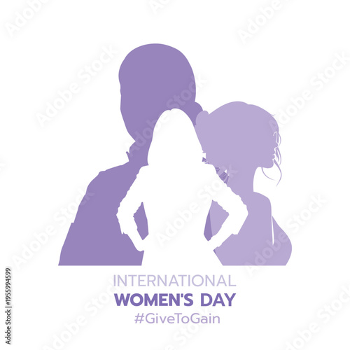 A powerful purple vector illustration of two women for International Women's Day, featuring the "#GiveToGain" hashtag. Perfect for cards, posters, and campaigns.