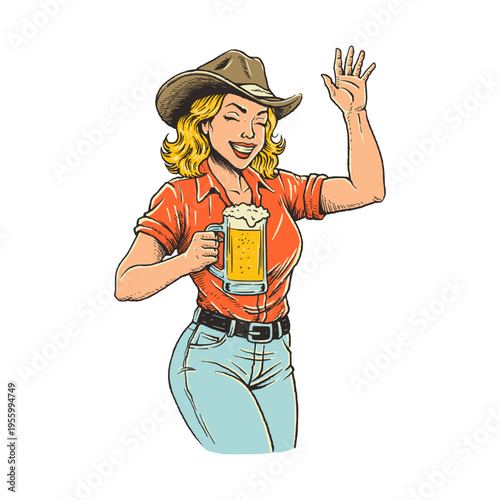 Cheerful cowgirl waving with beer glass colorful retro illustration