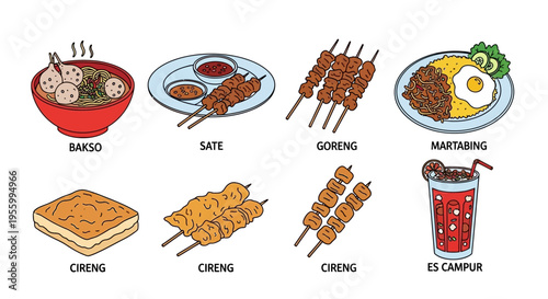 Delicious Indonesian food illustration with various dishes, perfect for culinary content and design.