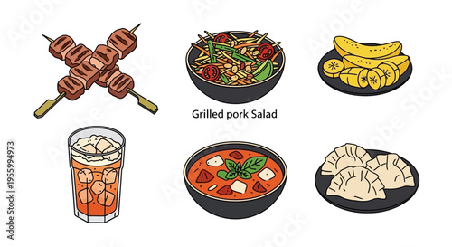 Delicious and colorful illustration of various Asian food dishes and drinks.