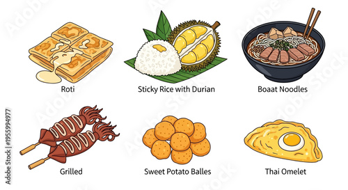 Delicious Thai food dishes including roti, sticky rice with durian, and other tasty meals.