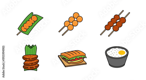 Delicious and diverse illustrations of various food items on a white background.