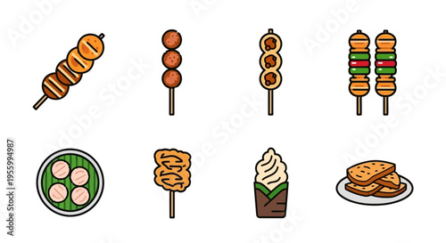 Delicious and colorful illustrated food icons representing various tasty snacks.