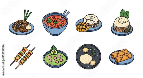 Delicious and colorful illustrations of various Filipino dishes on plates, ready to eat.