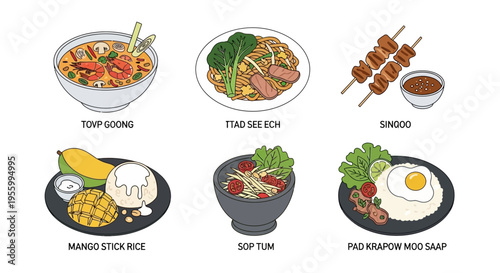 Delicious Thai cuisine dishes with various ingredients and sauces in a flat design.