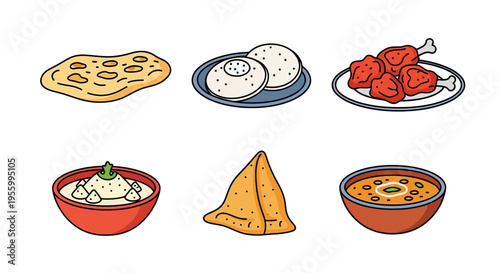 Delicious Indian food dishes including naan, idli, chicken, and more, illustrated in a colorful vector style.