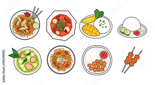 Delicious and colorful illustration of various Thai food dishes on white plates, top view.
