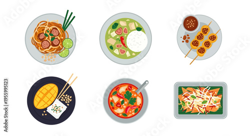 Delicious and colorful top-down view of various Thai food dishes on plates.