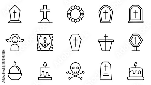 A grid of thin white outline icons depicting funeral and mourning symbols like candles and crosses set against a solid black background.
