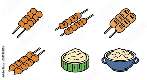 Delicious Asian food skewers and rice dishes, perfect for culinary presentations.