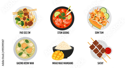 Delicious Thai food dishes with names on white plates, flat vector illustration.