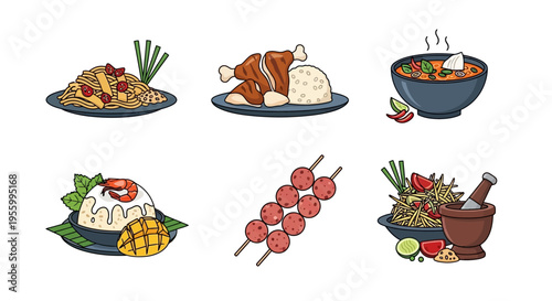 Delicious and colorful illustrations of various Thai food dishes on plates.