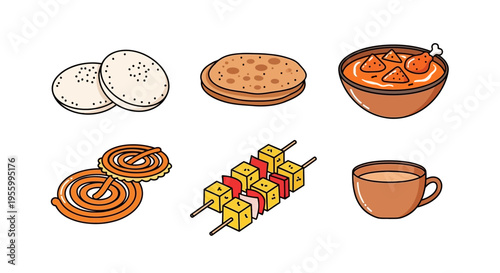 Delicious Indian food dishes including roti, curry, snacks, and tea.