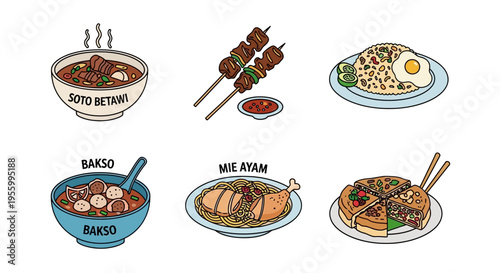 Delicious Indonesian food dishes illustration with Soto Betawi, Bakso, and Mie Ayam.