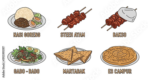 Indonesian food illustration featuring Nasi Goreng, Sate Ayam, and other delicious dishes.