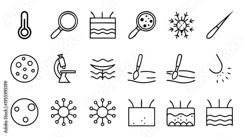 A series of delicate white vector line icons illustrating dermatology concepts such as skin layers and spray bottles on a dark backdrop.
