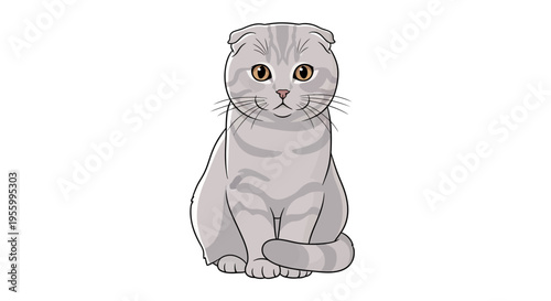 Cute Cartoon Grey Feline Sitting Down.