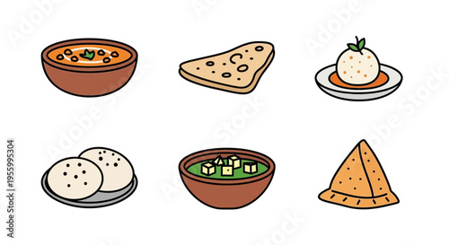 Delicious Indian food dishes including curry, naan, idli, and samosa in a colorful illustration.