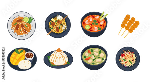 Delicious and colorful illustrations of various Thai food dishes on a white background.